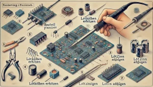 Schritt-für-Schritt-Illustration zum Löten elektronischer Bauteile auf einer Platine. Gezeigt werden die Schritte Bauteil platzieren, Lötkolben erhitzen, Lötzinn hinzufügen und Verbindung sichern.