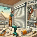 Illustration einer Person, die elektrische Rollläden installiert, mit Schraubendreher, Motor und Fernbedienung.